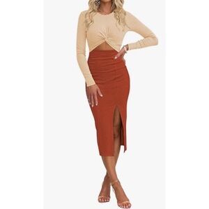 Cutout Long Sleeve Twist Front Crisscross Ruched Split Bodycon Midi Dress